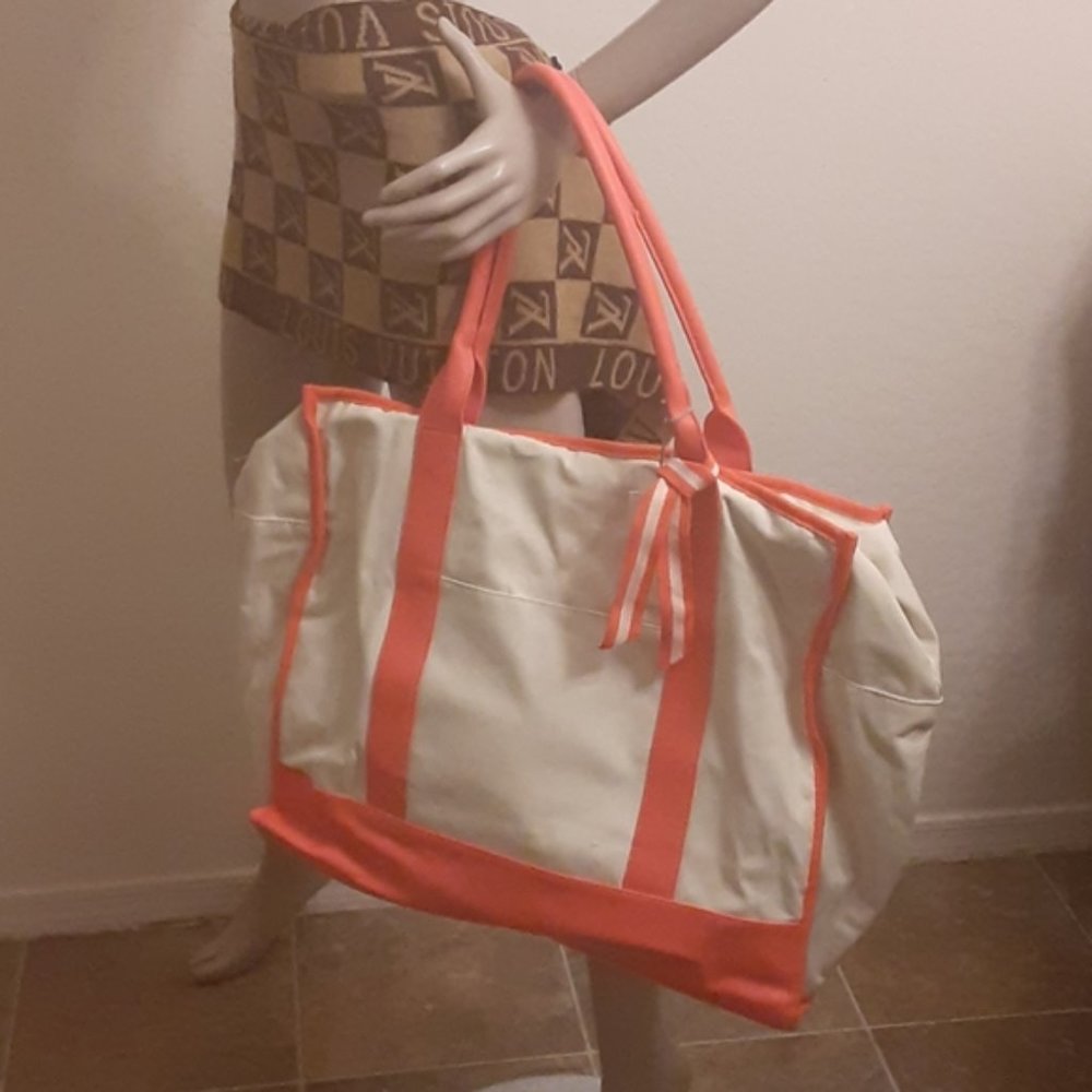 Canvas Tote Extra Large Bag Beach Natural / Coral - Picture 2 of 10